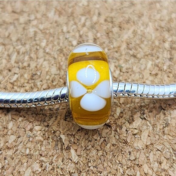 3/$25 🖤 AUTHENTIC ORANGE WHITE FLOWERS MURANO CHARM FOR PANDORA AND TROLLBEADS - Picture 1 of 2